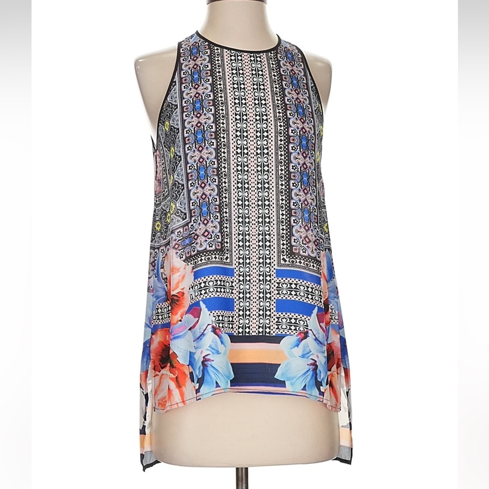 Clover Canyon Multicolor Floral-Print Sleeveless Shell — Blue, Black, Coral